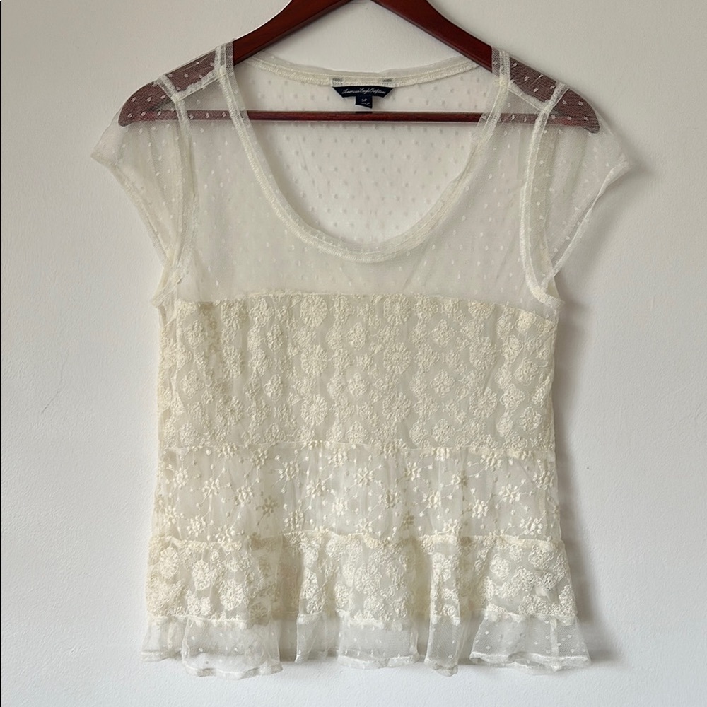 American Eagle Outfitters Cream Tiered Blouse with Embroidery